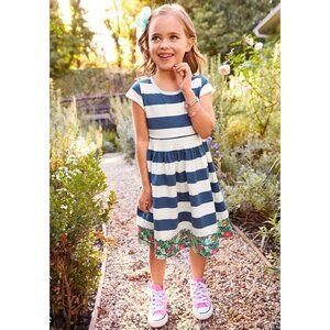 Matilda Jane Come Sail Away Dress Nautical Striped Blue White Floral Trim Girls
